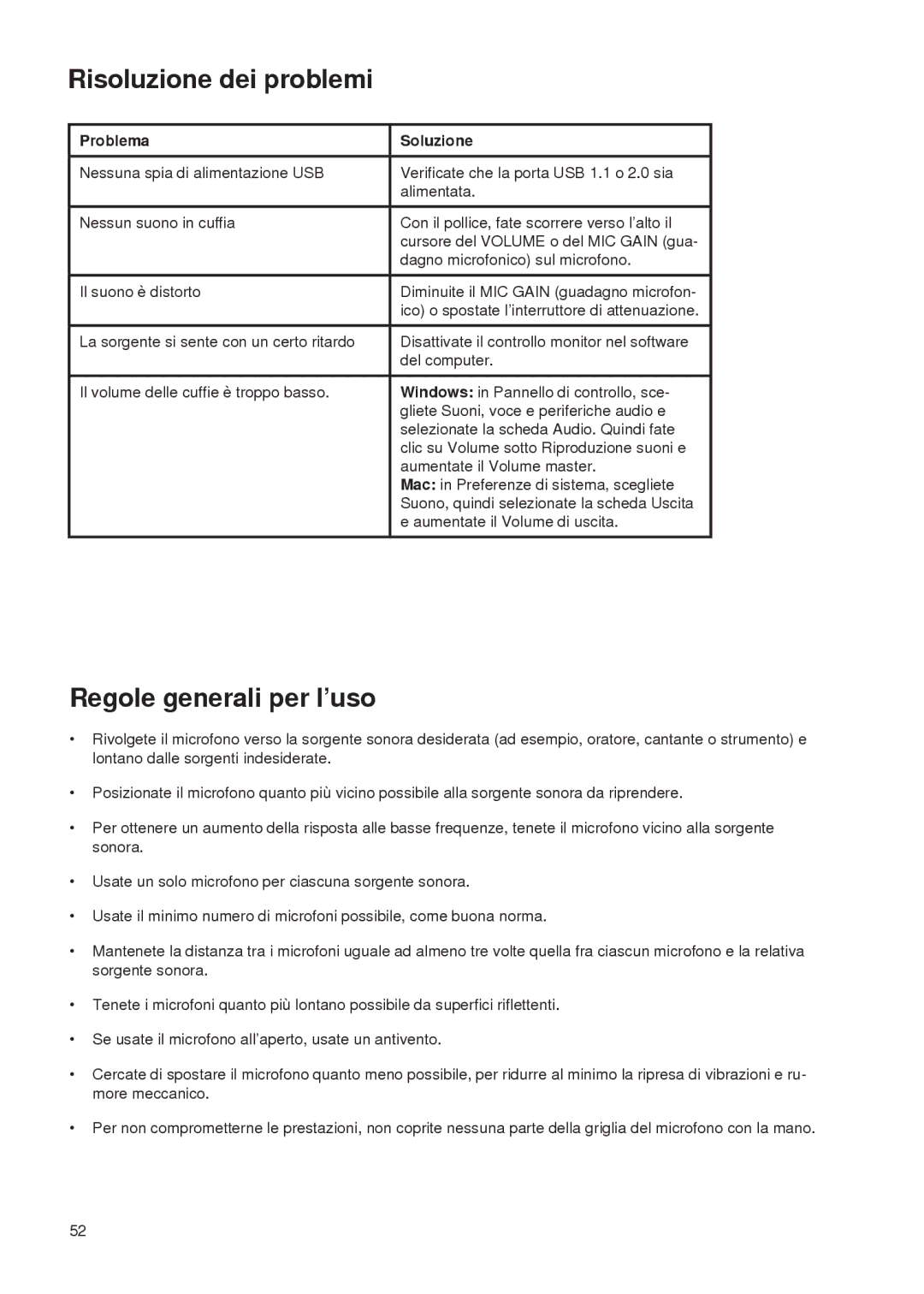 Shure PG27-USB manual Risoluzione dei problemi, Regole generali per l’uso, Problema Soluzione 