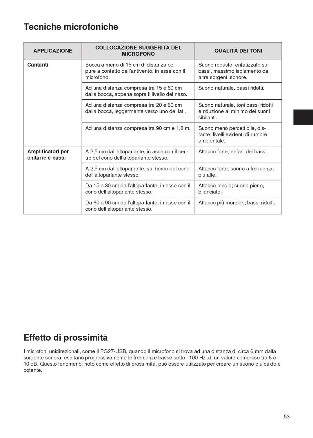 Shure PG27-USB manual Tecniche microfoniche, Effetto di prossimità, Cantanti, Amplificatori per, Chitarre e bassi 