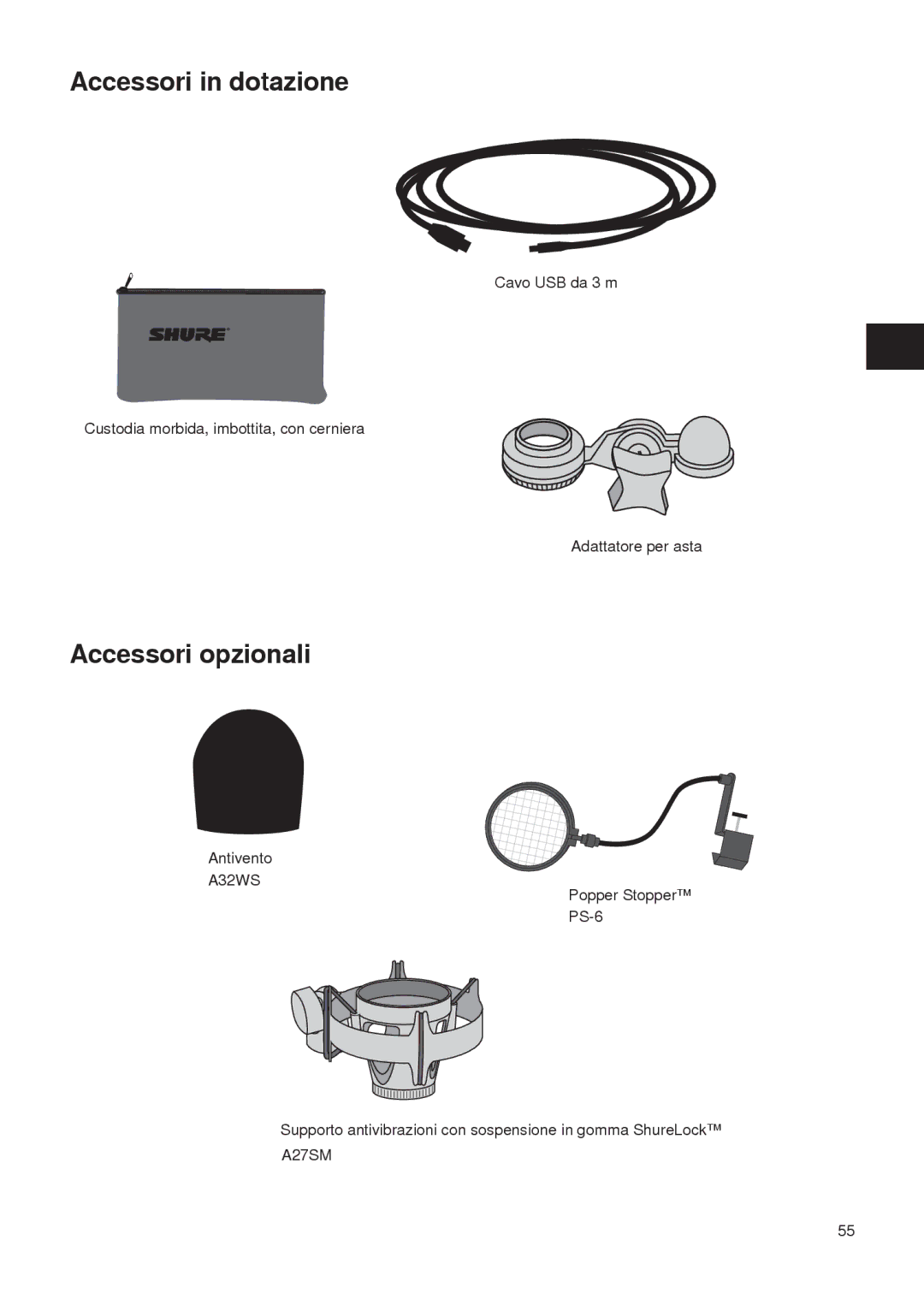 Shure PG27-USB manual Accessori in dotazione, Accessori opzionali 