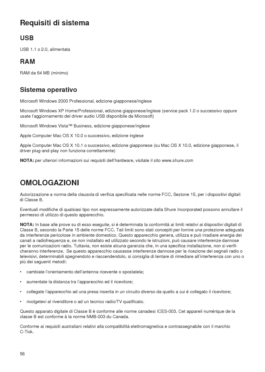 Shure PG27-USB manual Requisiti di sistema, Omologazioni 