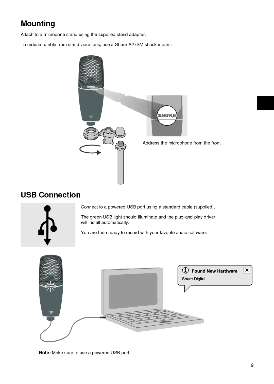 Shure PG27-USB manual Mounting, USB Connection 