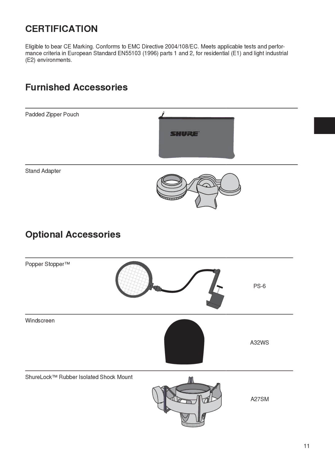 Shure PG27 manual Certification, Furnished Accessories, Optional Accessories 