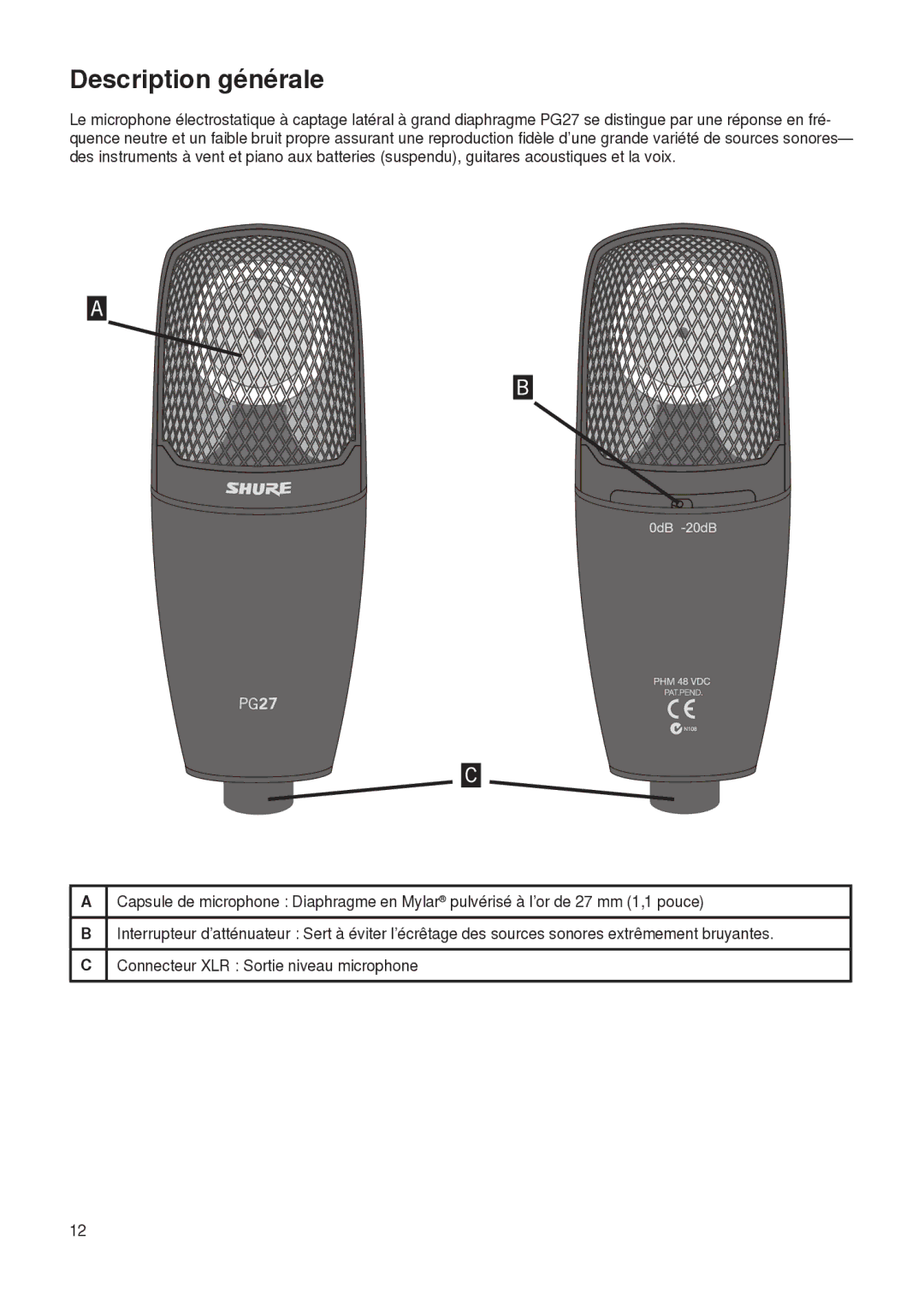 Shure PG27 manual Description générale 