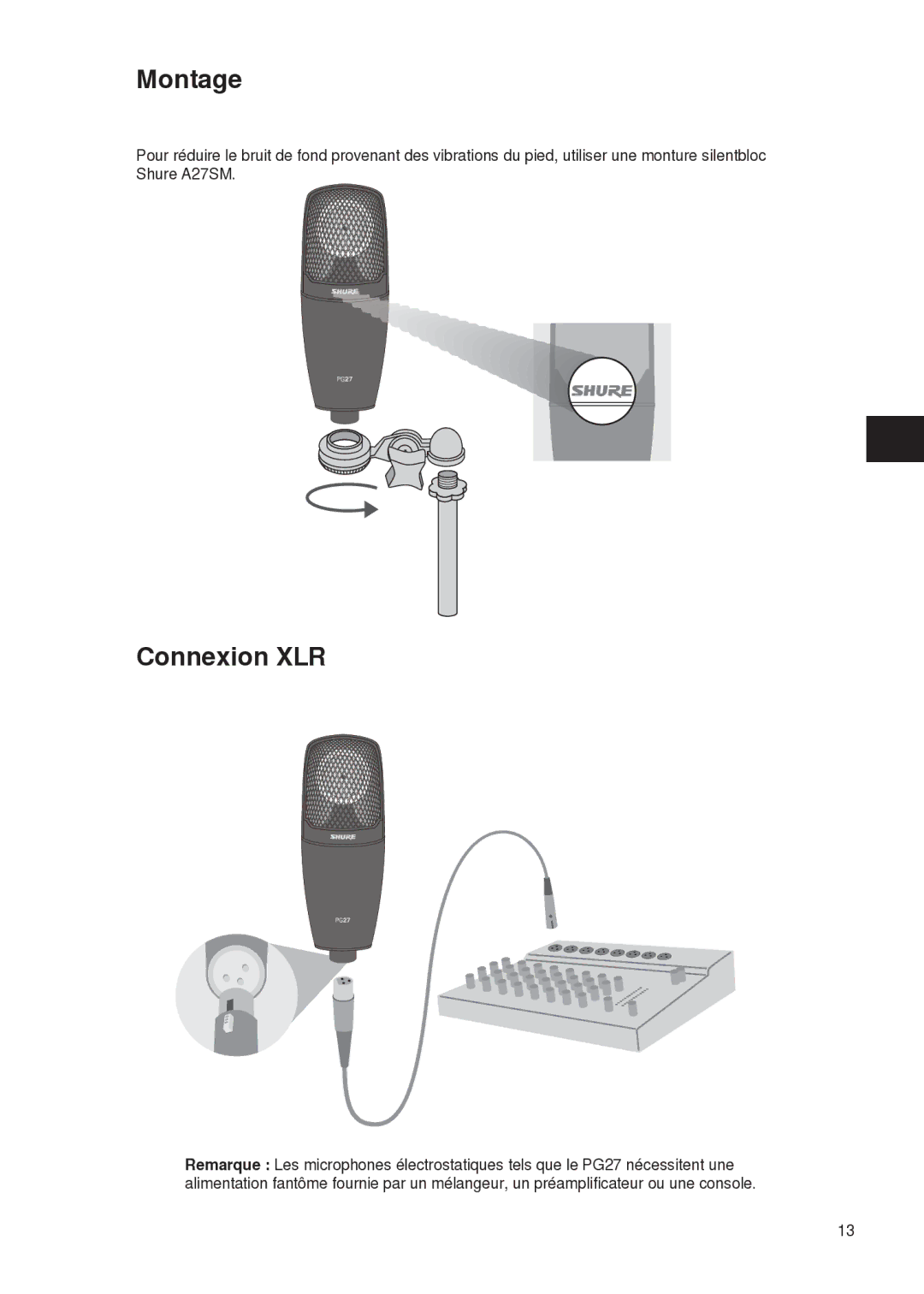 Shure PG27 manual Montage, Connexion XLR 