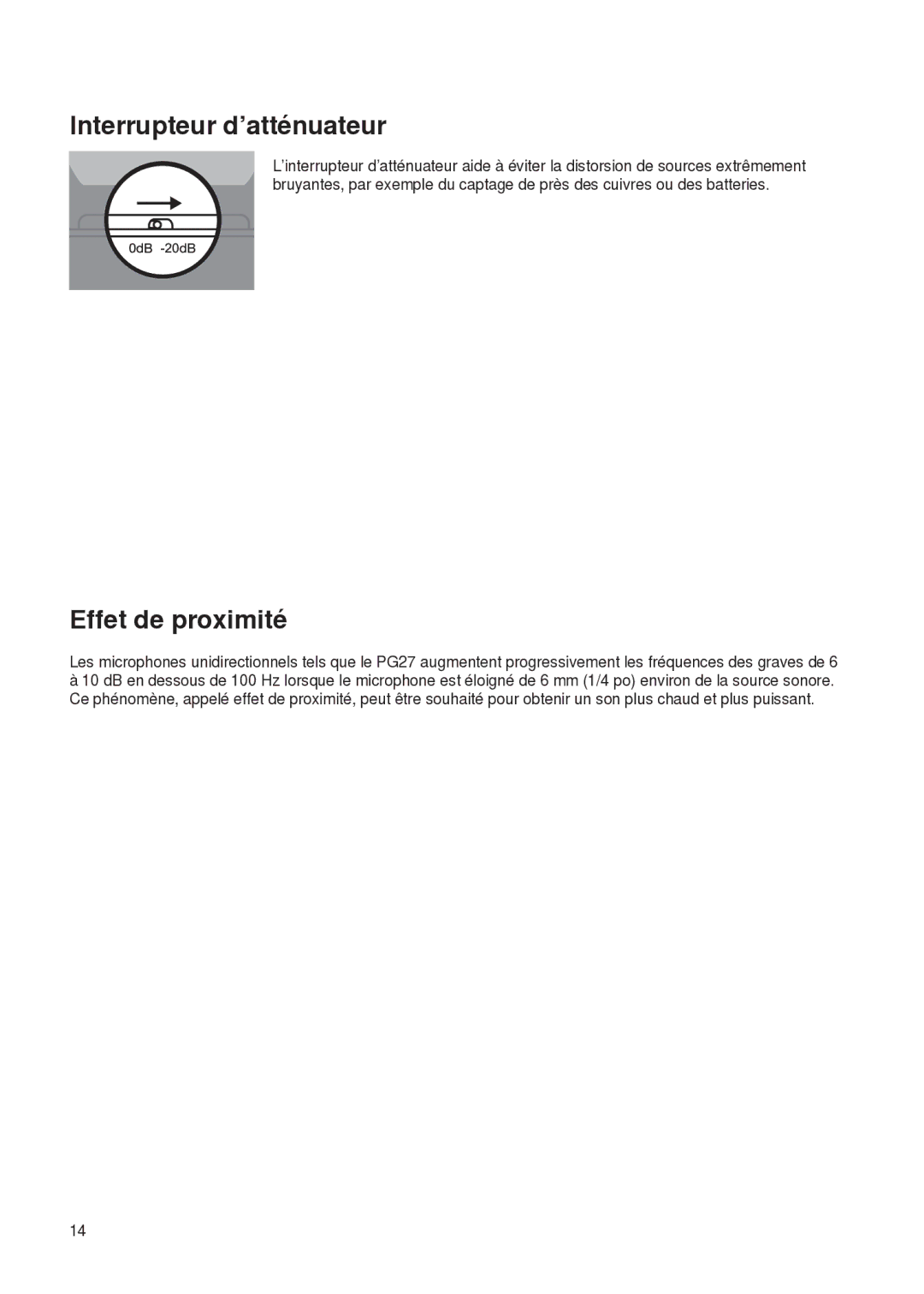 Shure PG27 manual Interrupteur d’atténuateur, Effet de proximité 