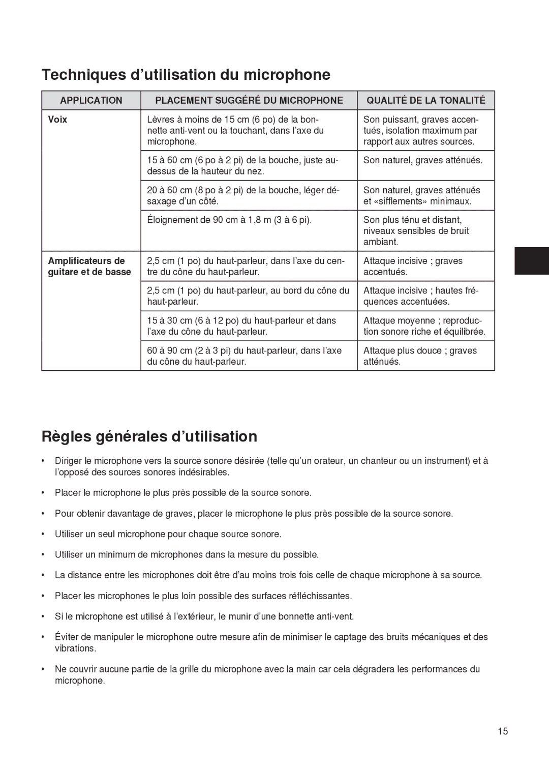 Shure PG27 manual Techniques d’utilisation du microphone, Règles générales d’utilisation, Voix, Amplificateurs de 