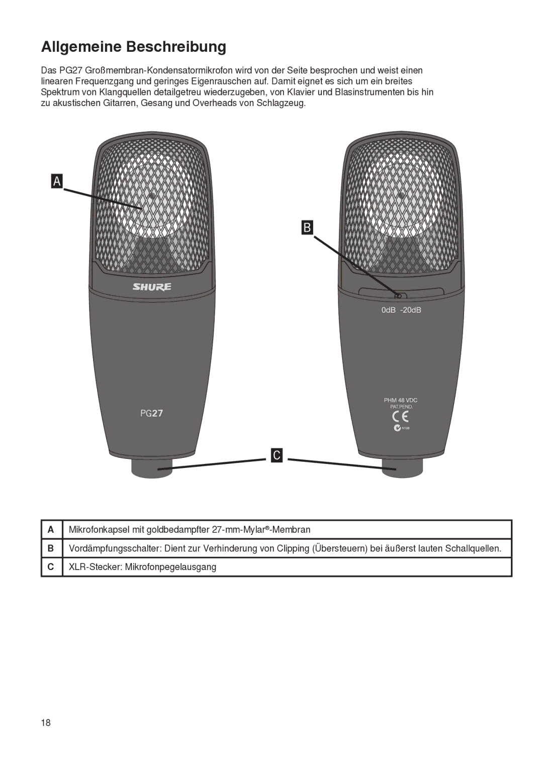 Shure PG27 manual Allgemeine Beschreibung 