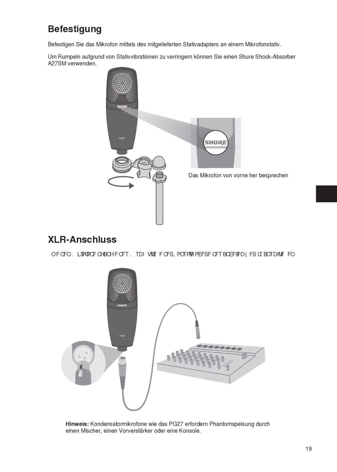 Shure PG27 manual Befestigung, XLR-Anschluss 