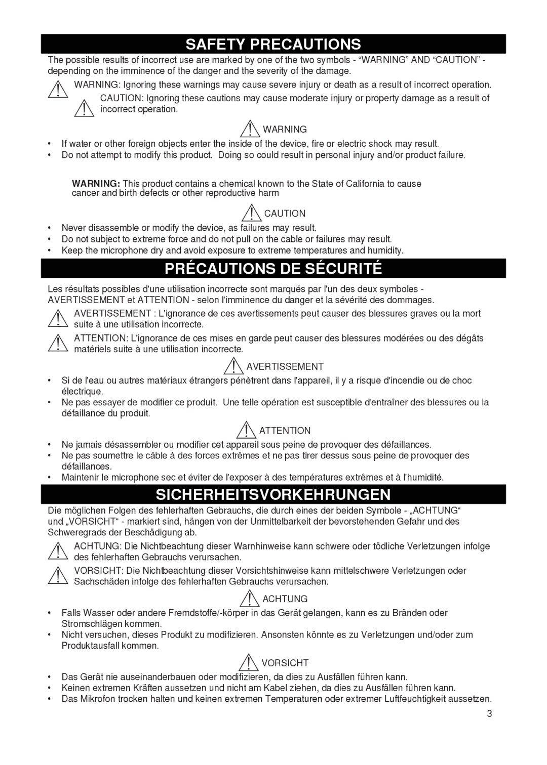 Shure PG27 manual Safety Precautions 