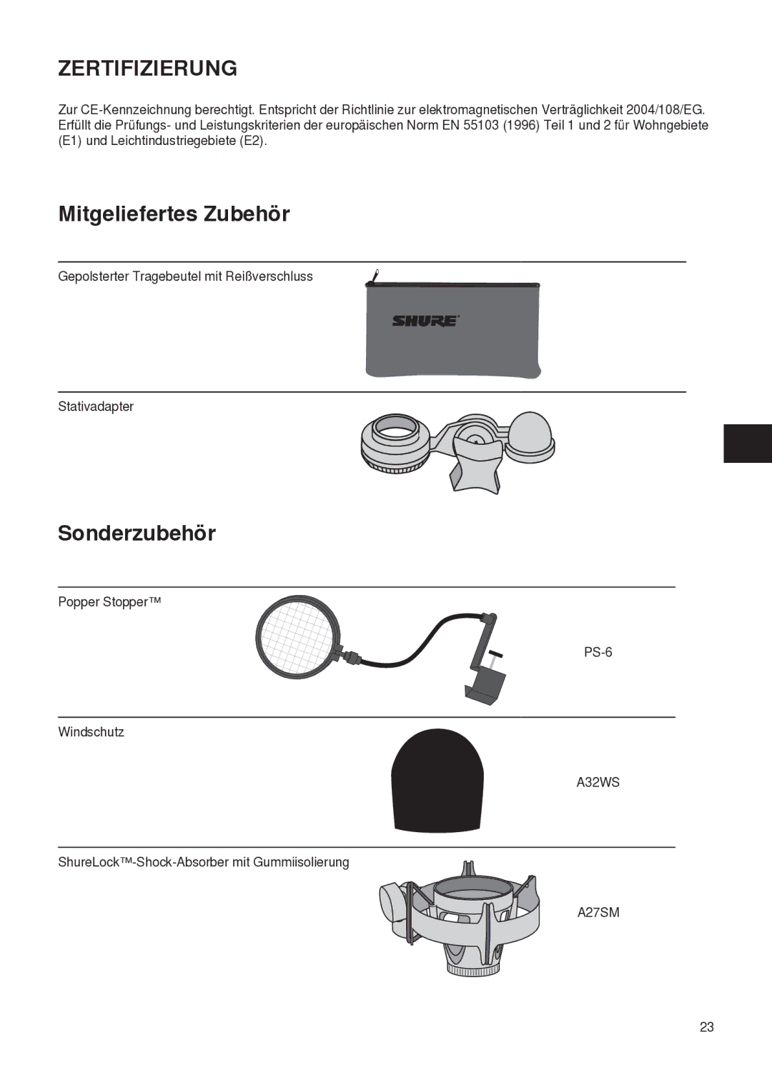 Shure PG27 manual Zertifizierung, Mitgeliefertes Zubehör, Sonderzubehör 