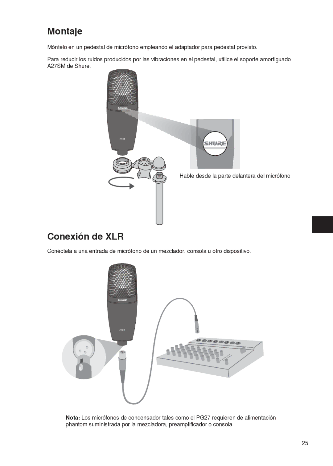 Shure PG27 manual Montaje, Conexión de XLR 