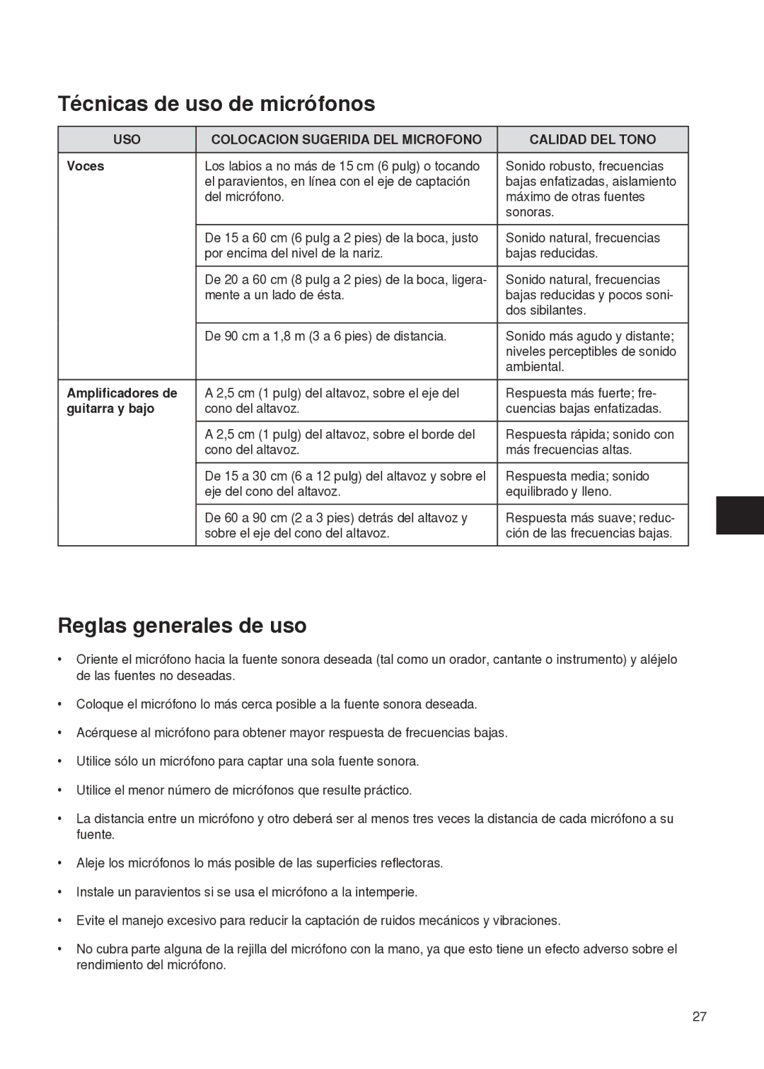 Shure PG27 Técnicas de uso de micrófonos, Reglas generales de uso, USO Colocacion Sugerida DEL Microfono Calidad DEL Tono 