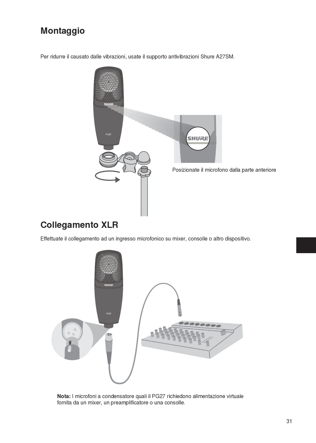 Shure PG27 manual Montaggio, Collegamento XLR 