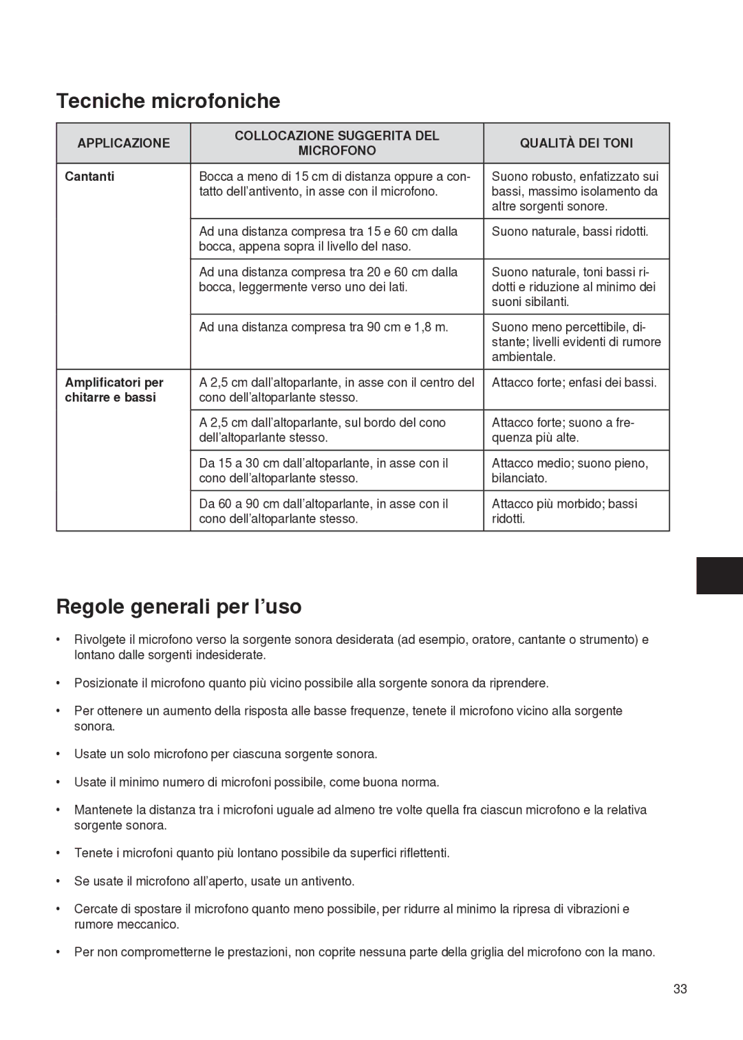 Shure PG27 manual Tecniche microfoniche, Regole generali per l’uso, Cantanti, Amplificatori per, Chitarre e bassi 