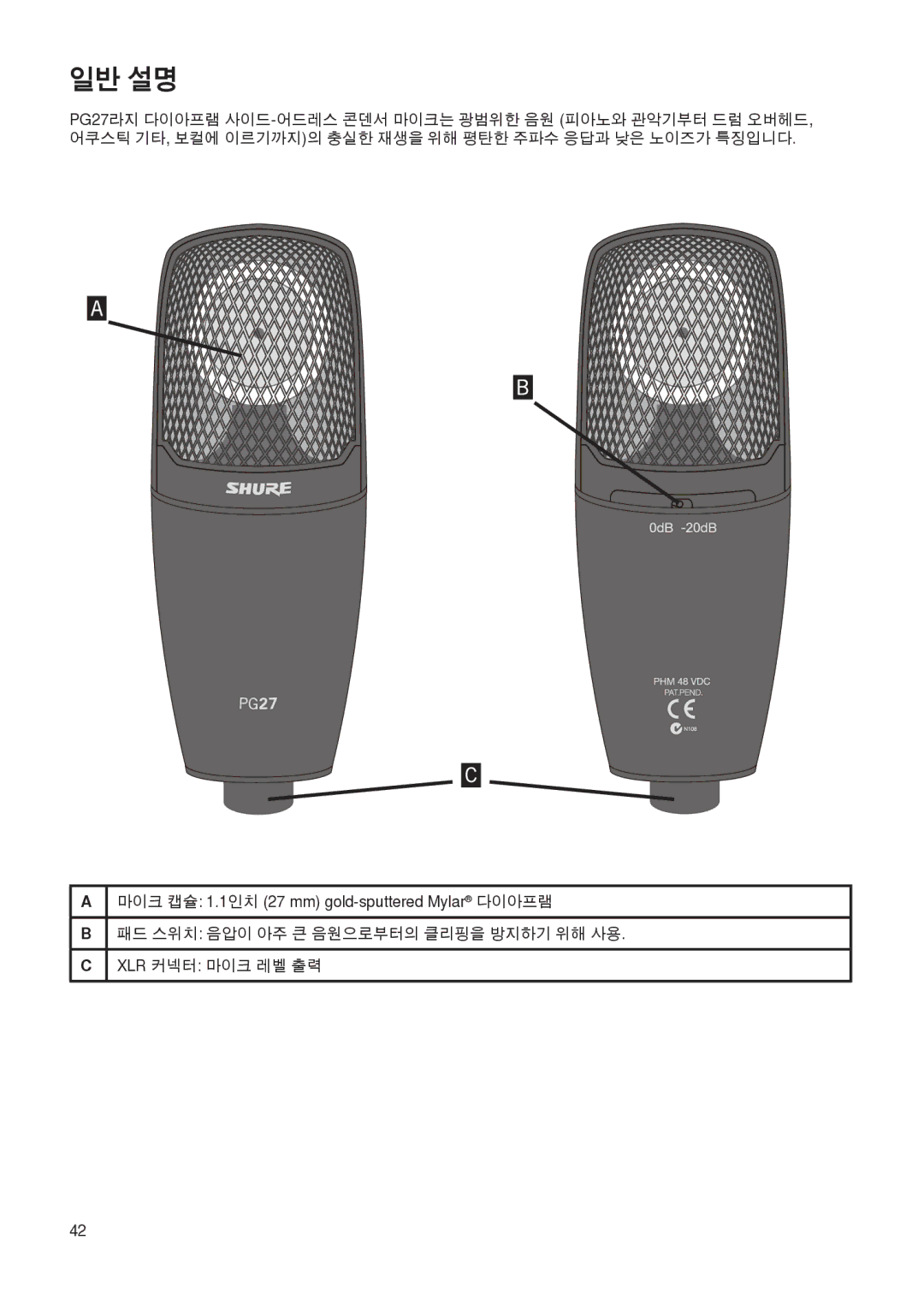 Shure PG27 manual 일반 설명 