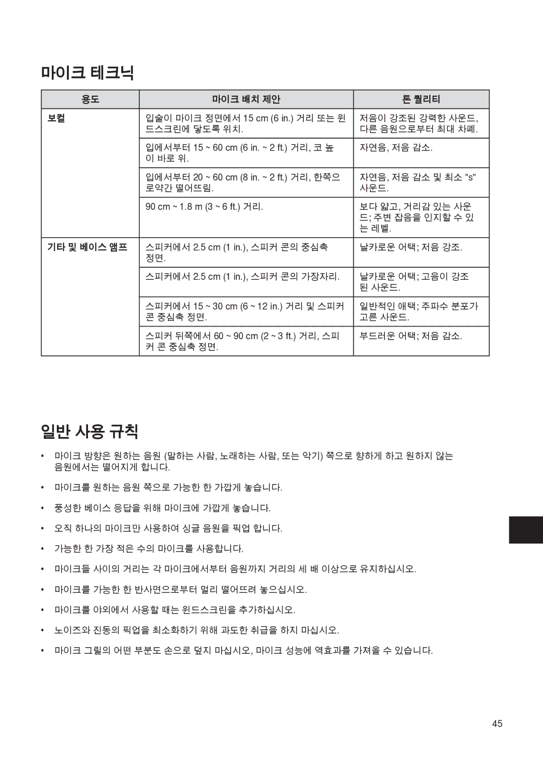 Shure PG27 manual 마이크 테크닉, 일반 사용 규칙, 마이크 배치 제안 퀄리티 