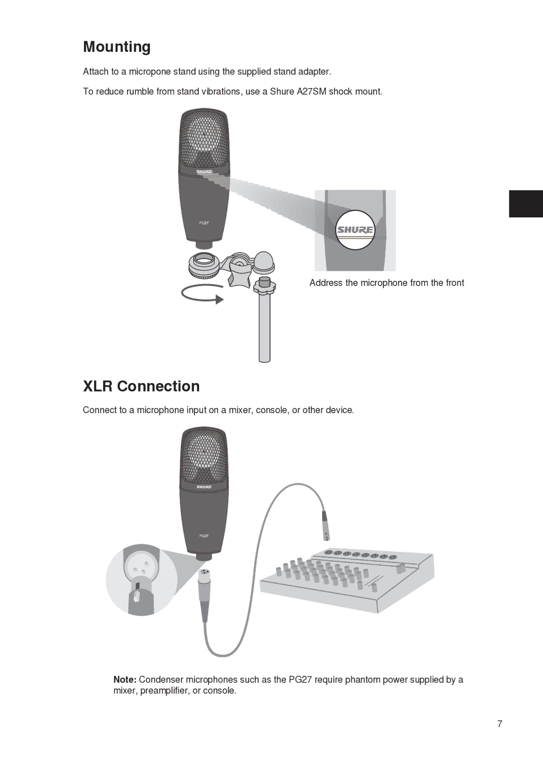 Shure PG27 manual Mounting, XLR Connection 