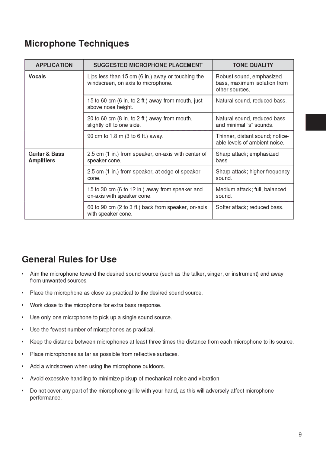 Shure PG27 manual Microphone Techniques, General Rules for Use, Application Suggested Microphone Placement Tone Quality 