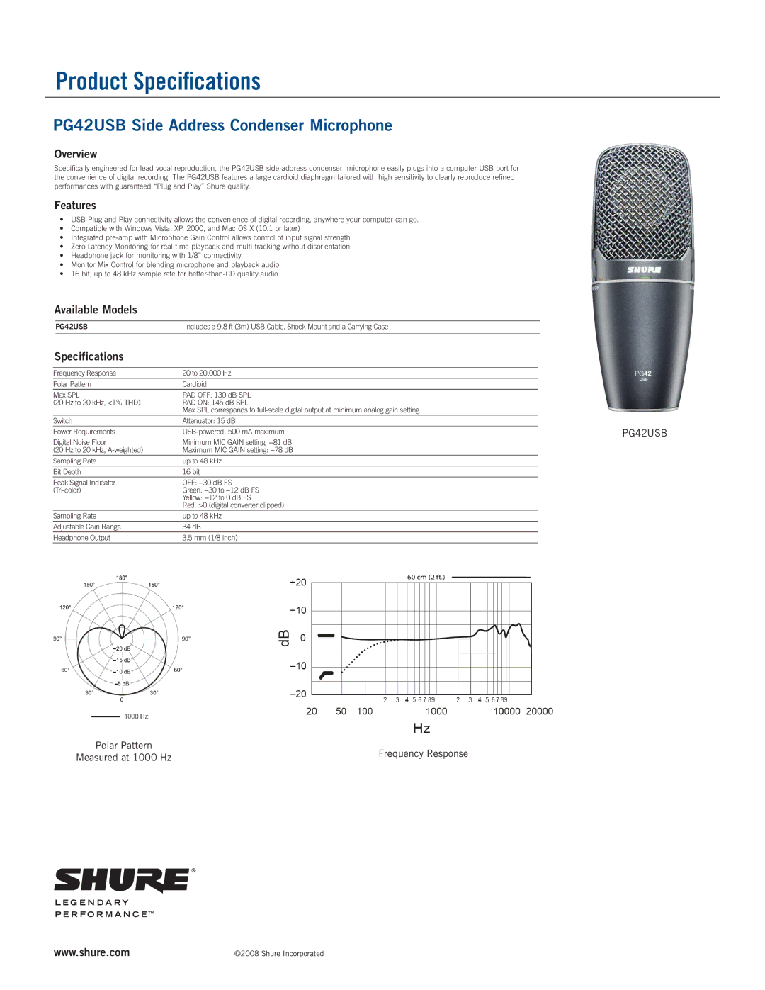 Shure specifications Product Specifications, PG42USB Side Address Condenser Microphone 