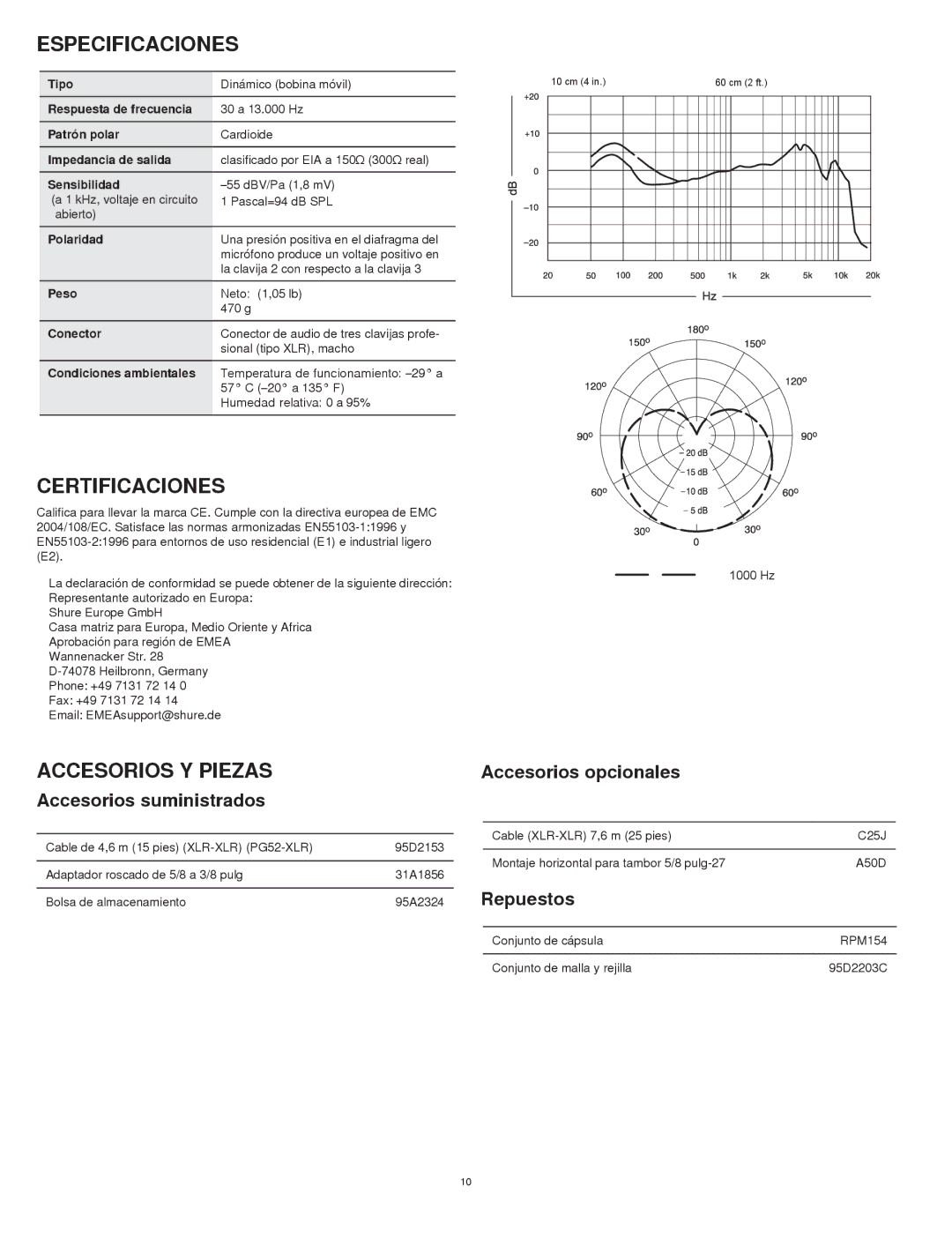 Shure PG52 manual Especificaciones, Certificaciones, Accesorios Y Piezas 