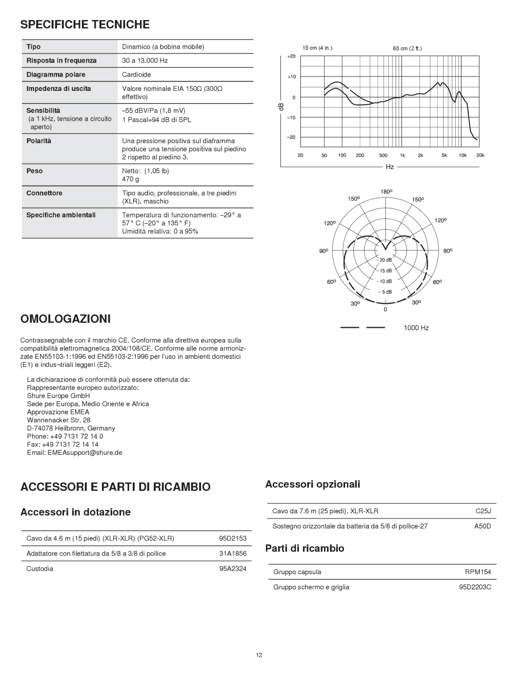 Shure PG52 manual Specifiche Tecniche, Omologazioni, Accessori E Parti DI Ricambio 