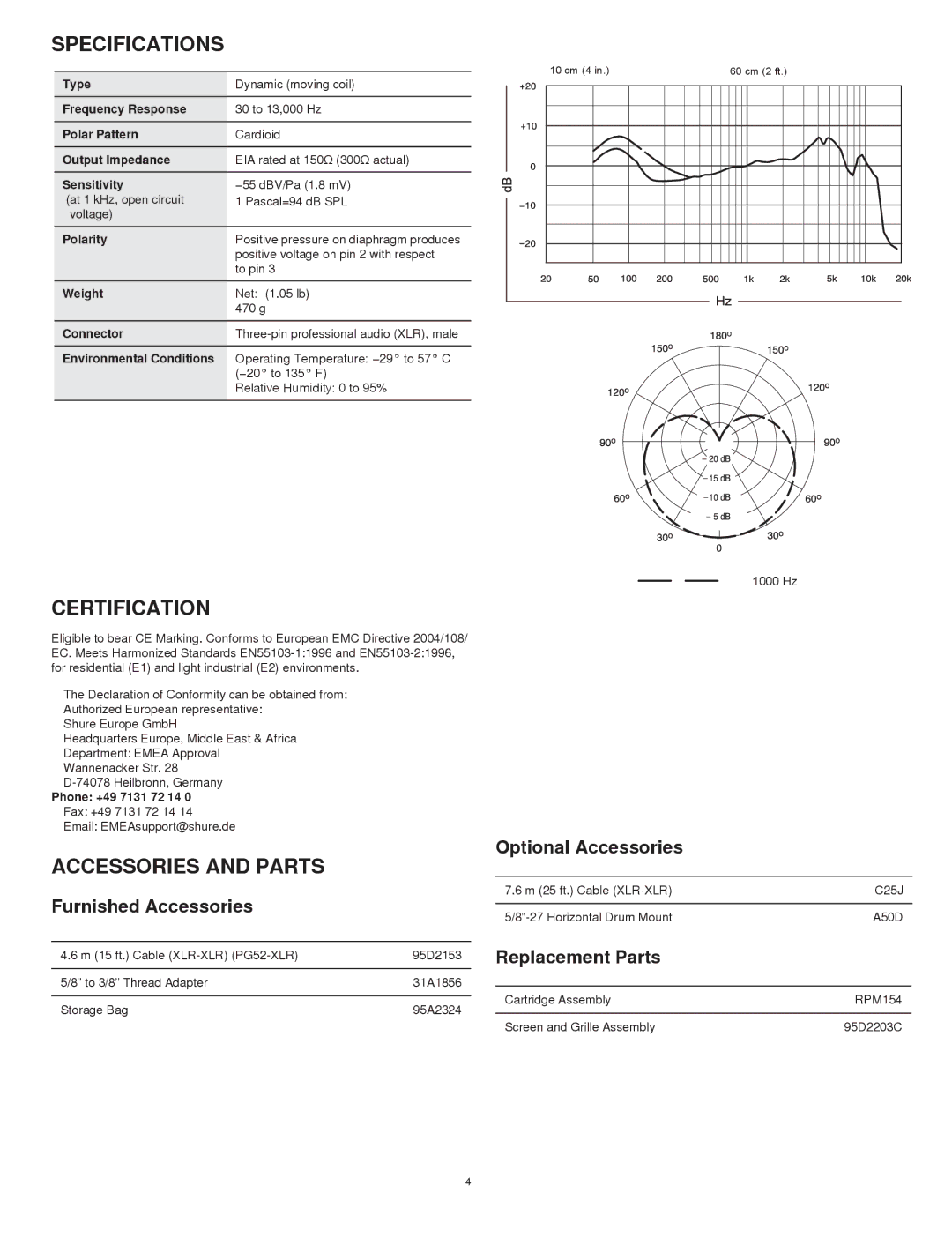 Shure PG52 manual Specifications, Certification, Accessories and Parts 