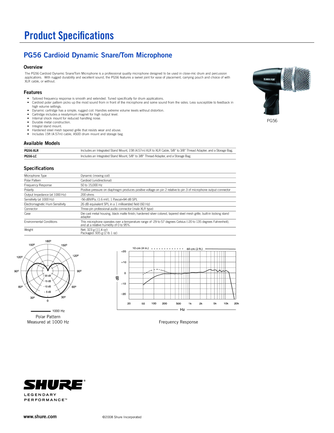 Shure specifications Product Specifications, PG56 Cardioid Dynamic Snare/Tom Microphone 