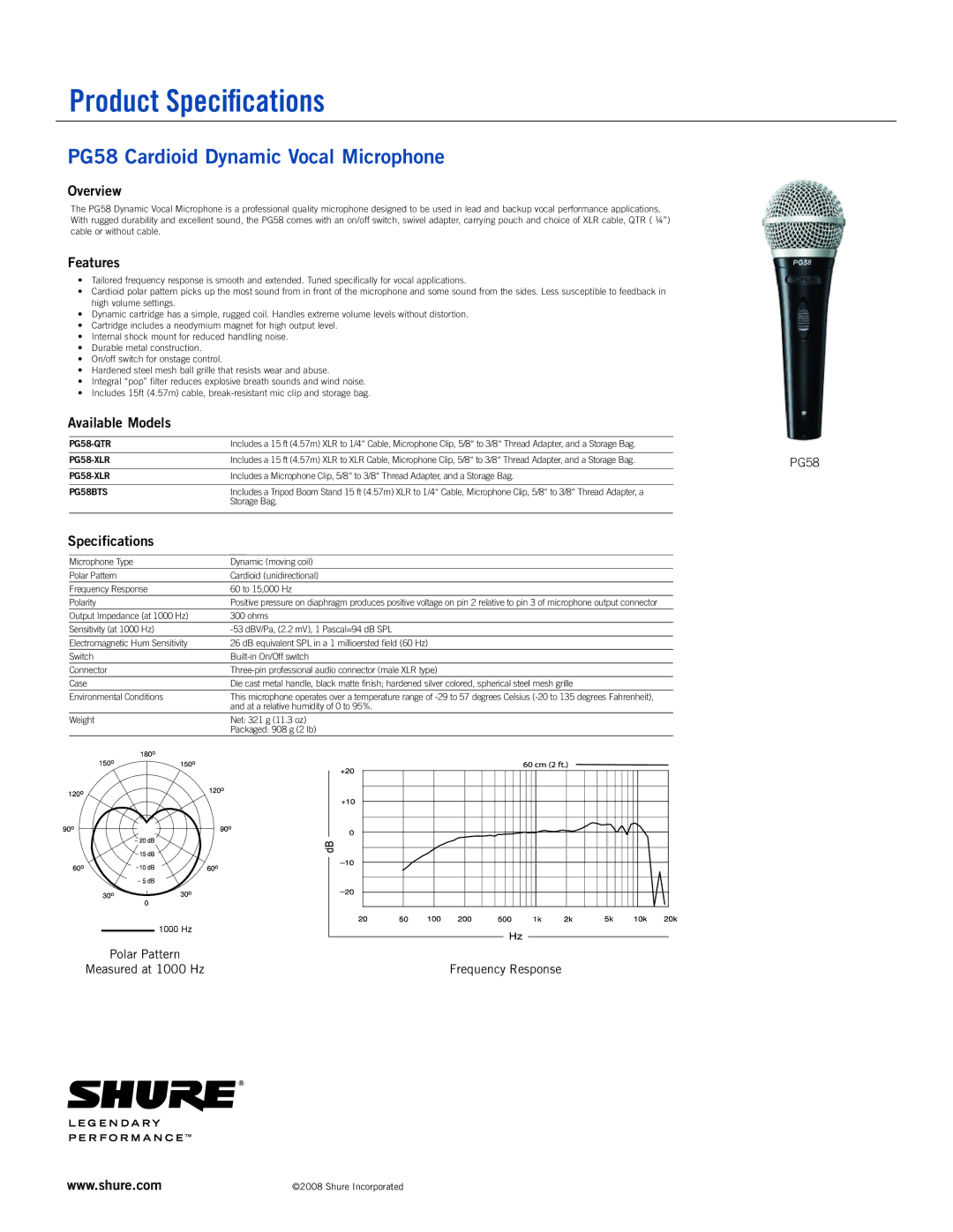 Shure PG58-QTR, PG58-XLR, PG58BTS specifications Overview, Features, Available Models, Specifications 