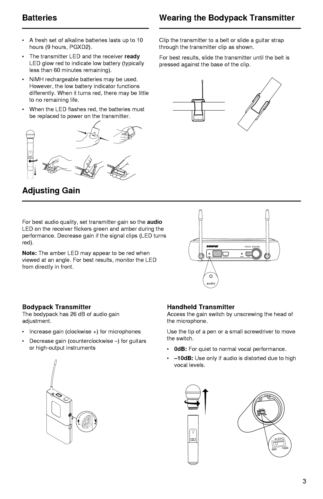 Shure PGXD manual Batteries Wearing the Bodypack Transmitter, Adjusting Gain, Handheld Transmitter 