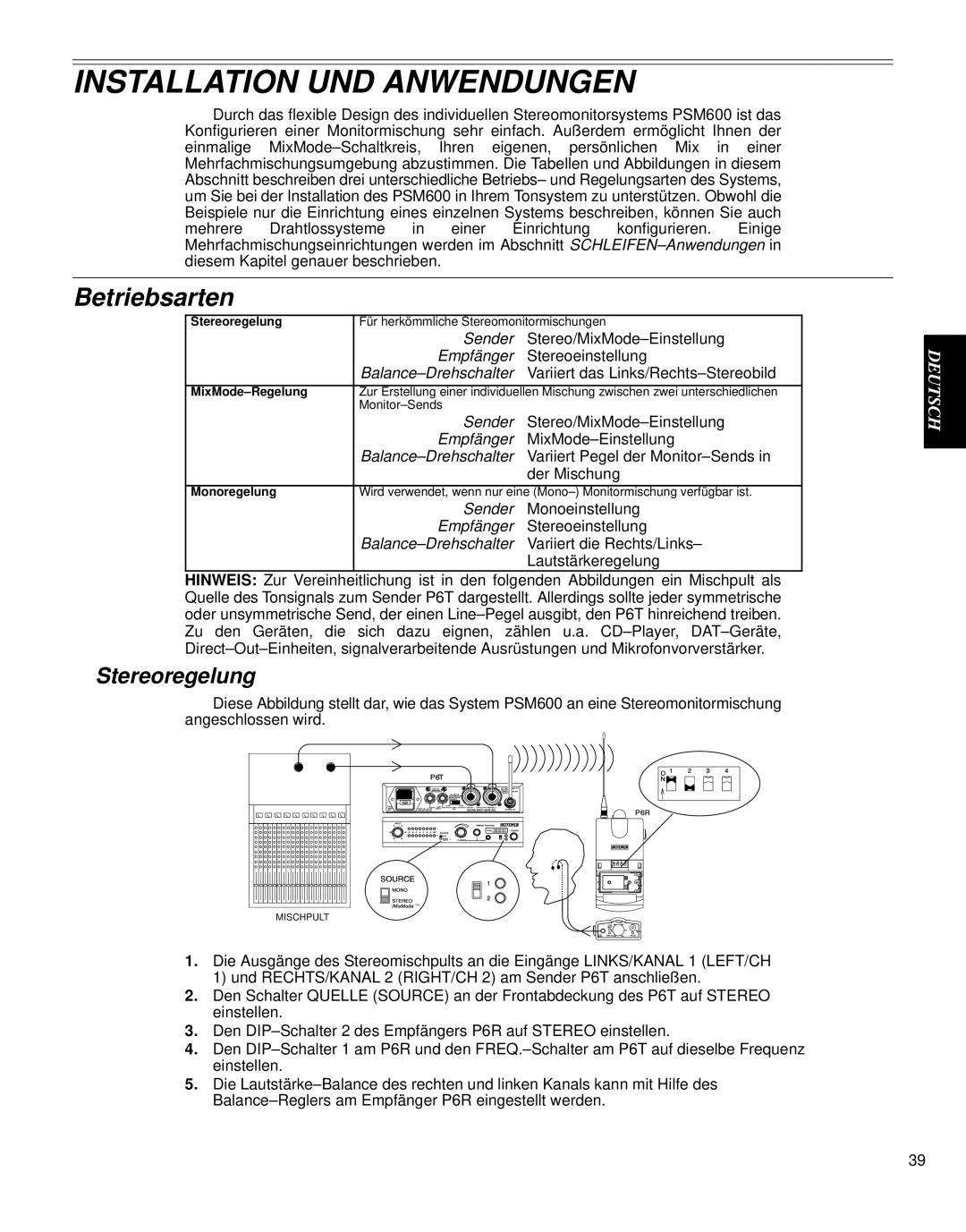 Shure PSM 600 manual Installation UND Anwendungen, Betriebsarten, Stereoregelung 