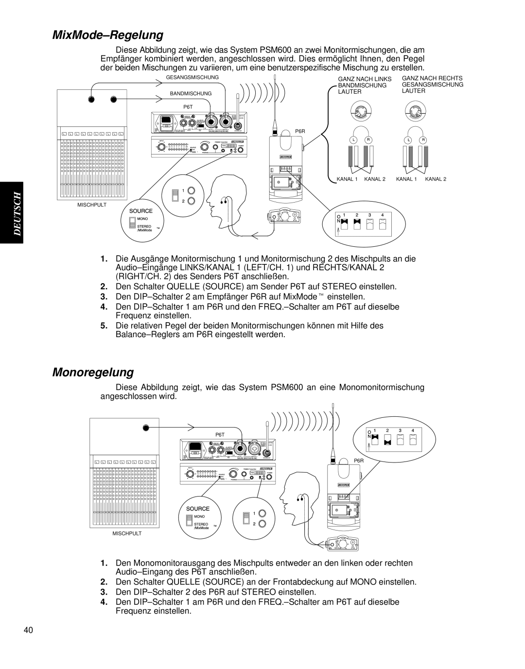 Shure PSM 600 manual MixMode-Regelung, Monoregelung 