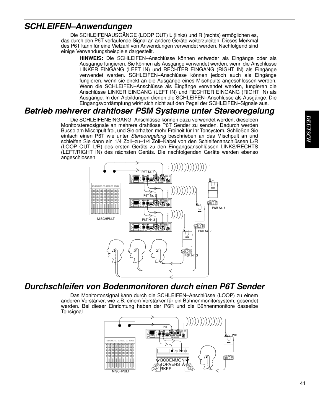 Shure PSM 600 manual SCHLEIFEN-Anwendungen, Durchschleifen von Bodenmonitoren durch einen P6T Sender 