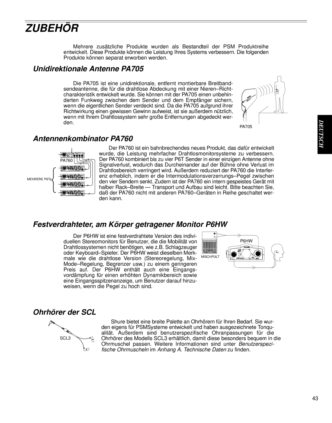 Shure PSM 600 manual Zubehör, Unidirektionale Antenne PA705, Antennenkombinator PA760, Ohrhörer der SCL 