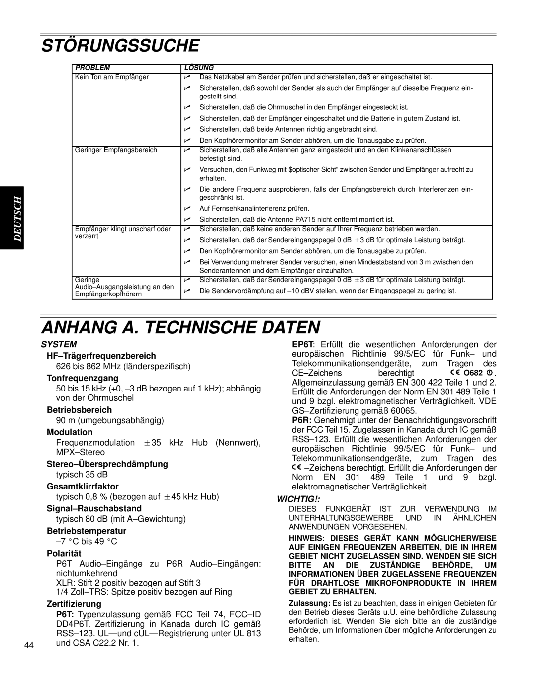 Shure PSM 600 manual Störungssuche, Anhang A. Technische Daten 