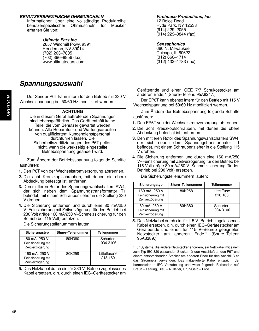 Shure PSM 600 manual Spannungsauswahl, Benutzerspezifische Ohrmuscheln 