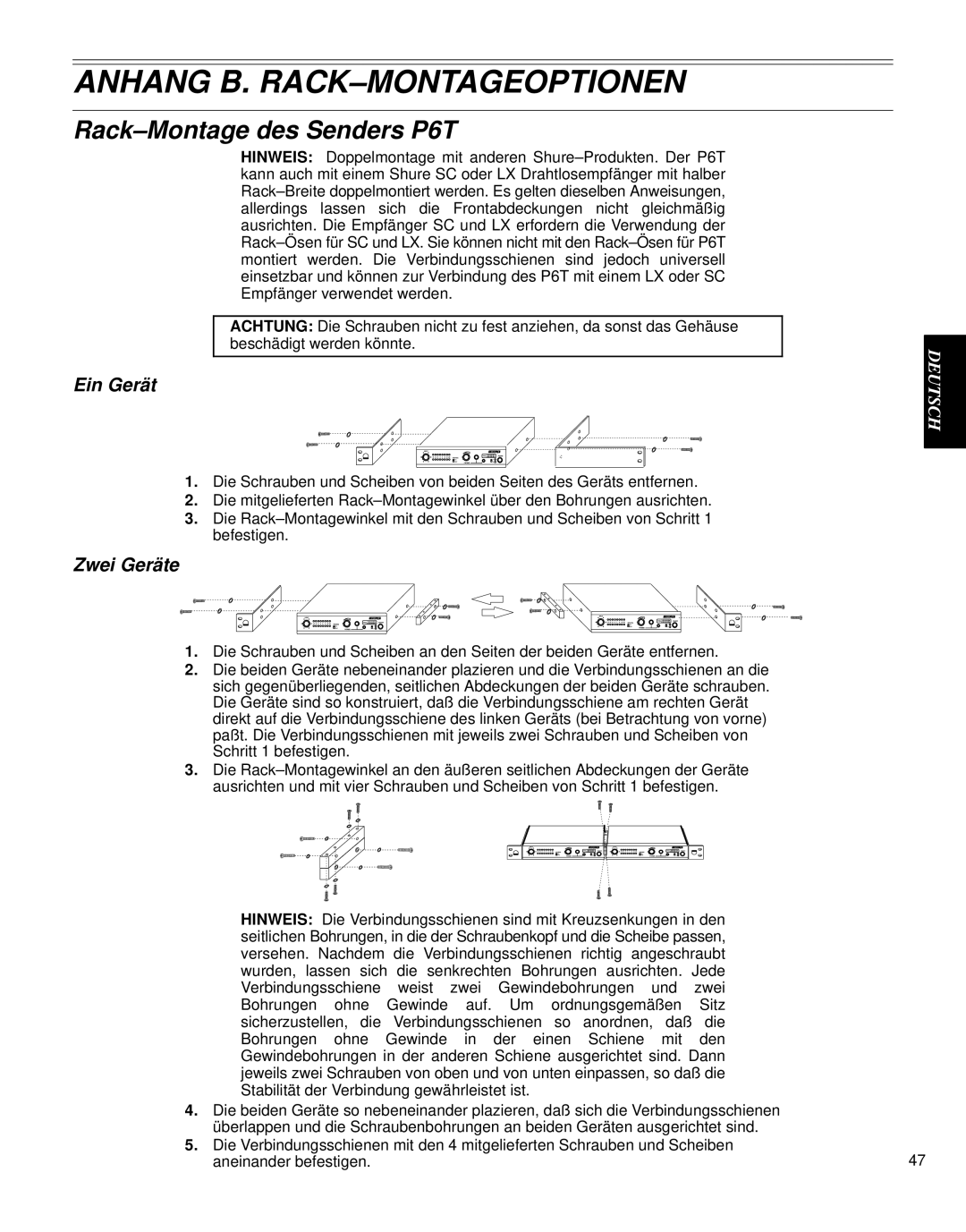 Shure PSM 600 manual Anhang B. RACK-MONTAGEOPTIONEN, Rack-Montage des Senders P6T 