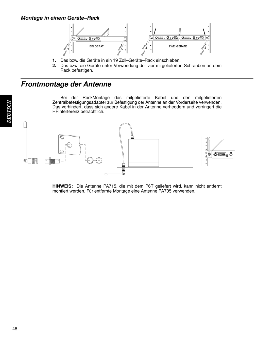 Shure PSM 600 manual Frontmontage der Antenne, Montage in einem Geräte 