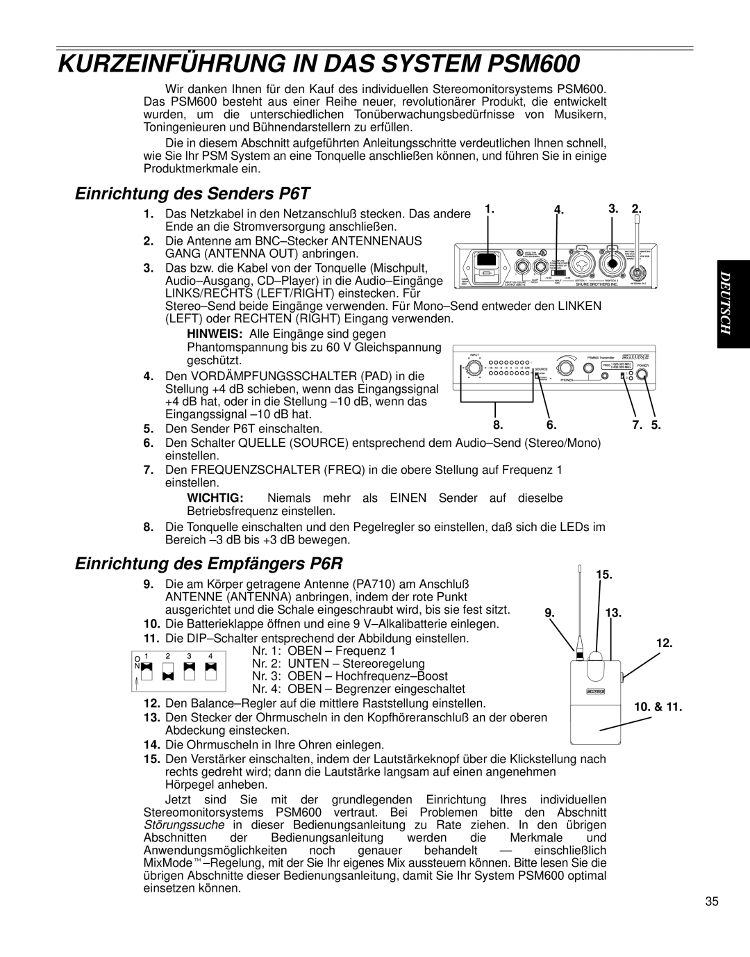 Shure PSM 600 manual Kurzeinführung in DAS System PSM600, Einrichtung des Senders P6T, Einrichtung des Empfängers P6R 