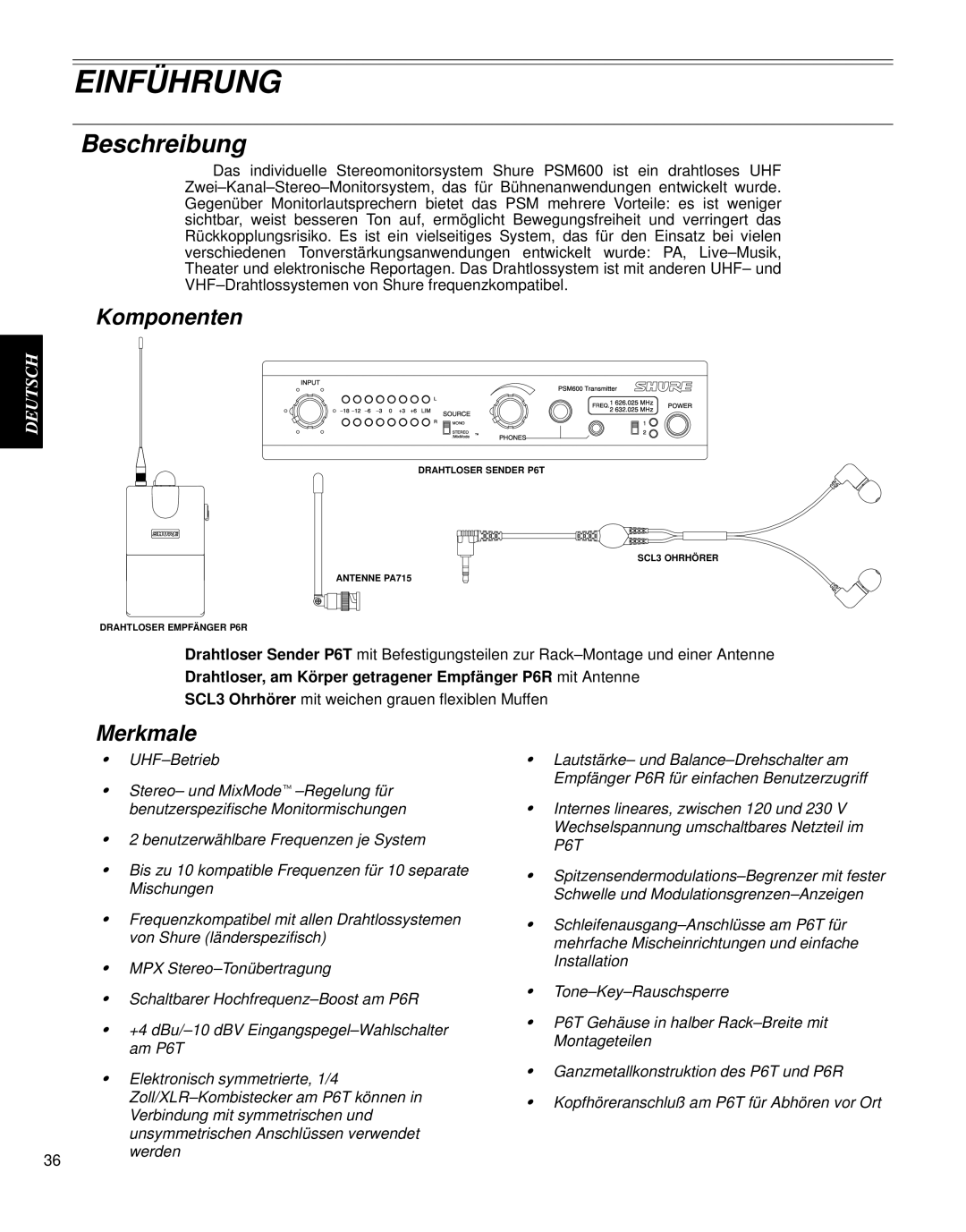 Shure PSM 600 manual Einführung, Beschreibung, Komponenten, Merkmale 