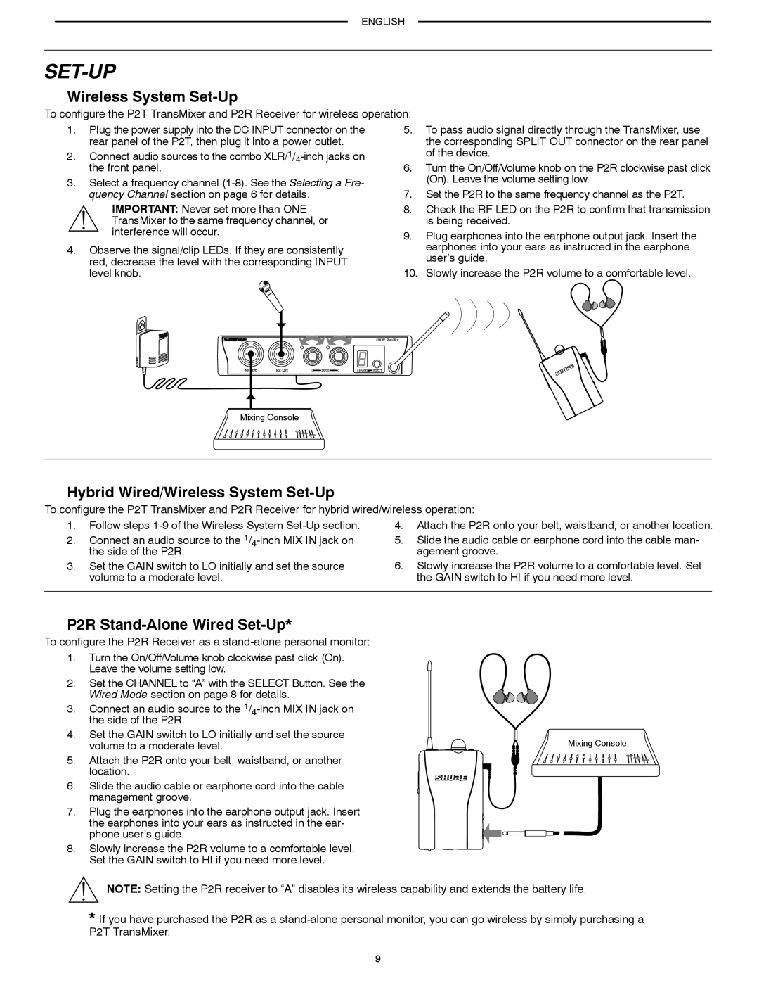 Shure PSM200 manual Hybrid Wired/Wireless System Set-Up, P2R Stand-Alone Wired Set-Up 