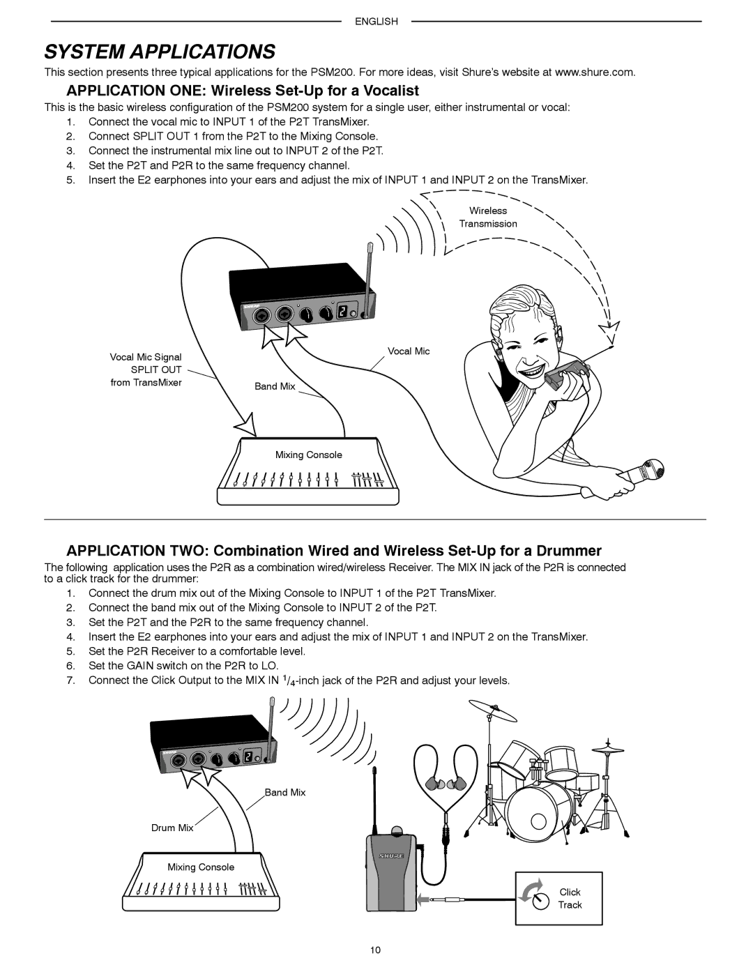 Shure PSM200 manual System Applications, Application ONE Wireless Set-Up for a Vocalist 