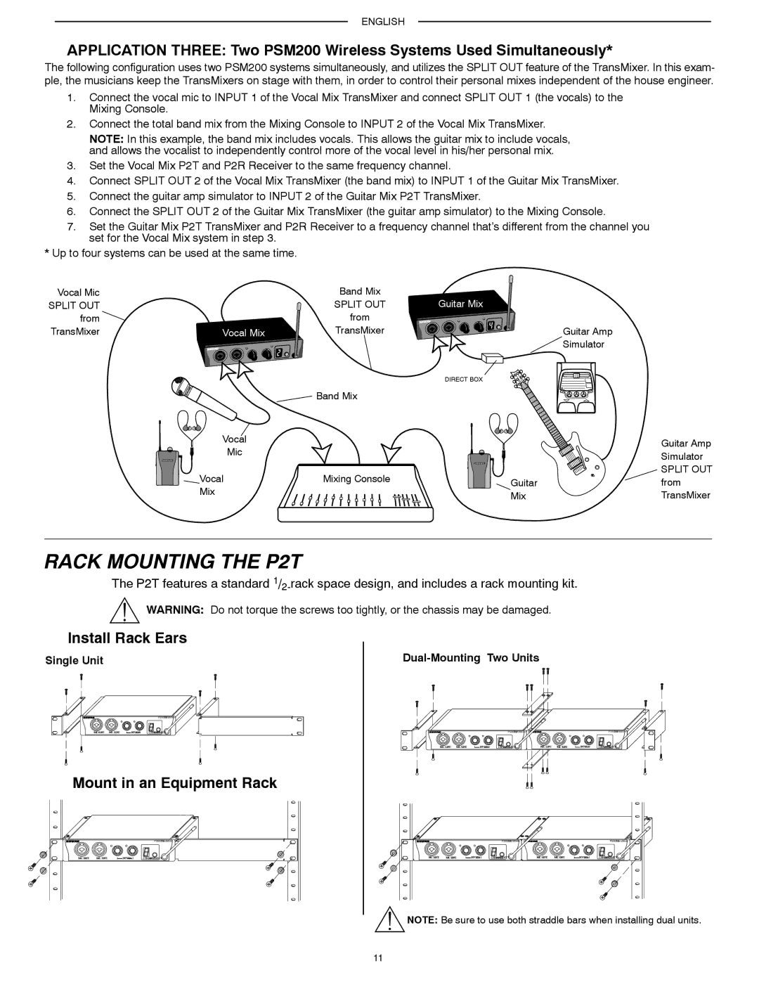 Shure PSM200 Rack Mounting the P2T, Install Rack Ears, Mount in an Equipment Rack, Single Unit, Dual-Mounting Two Units 