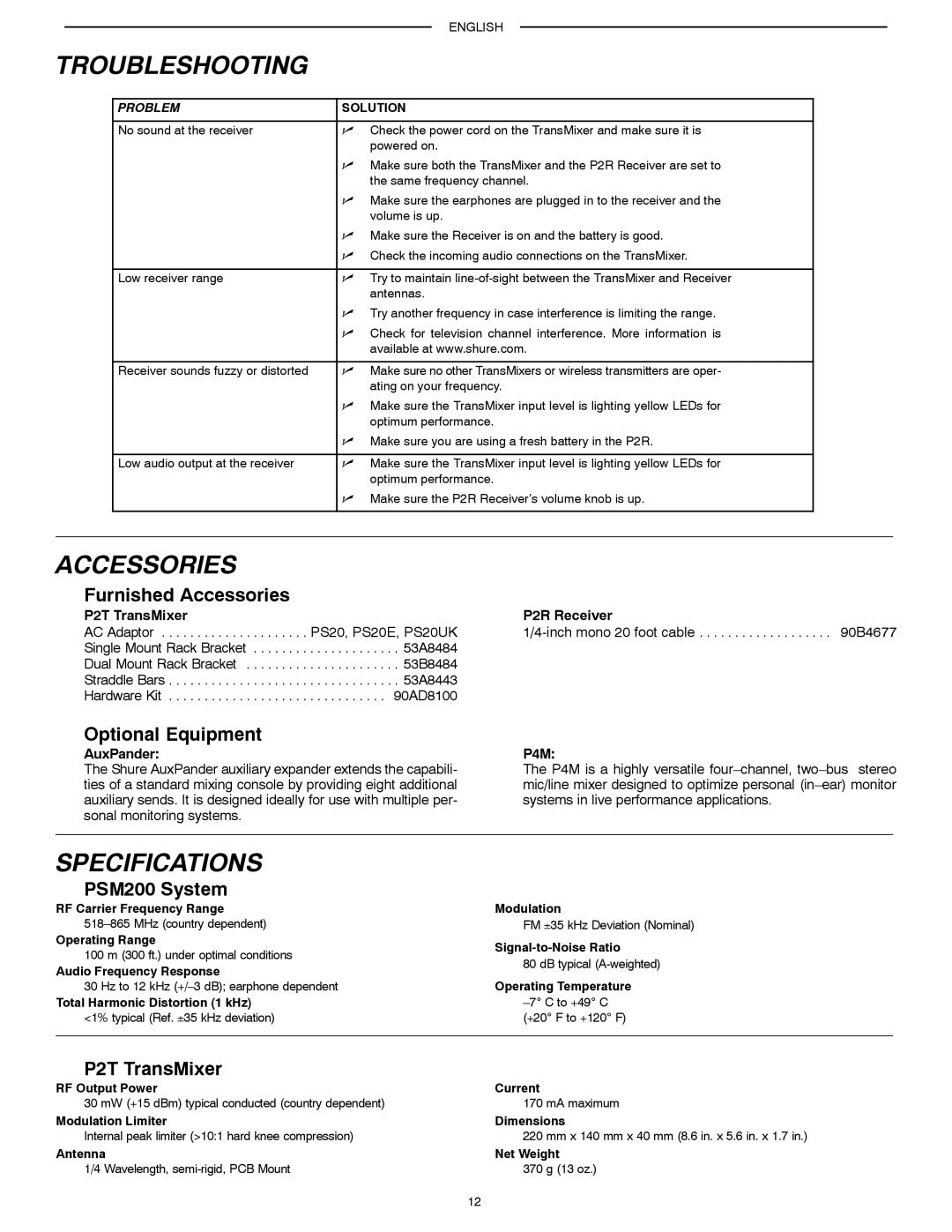 Shure PSM200 manual Troubleshooting, Accessories, Specifications 