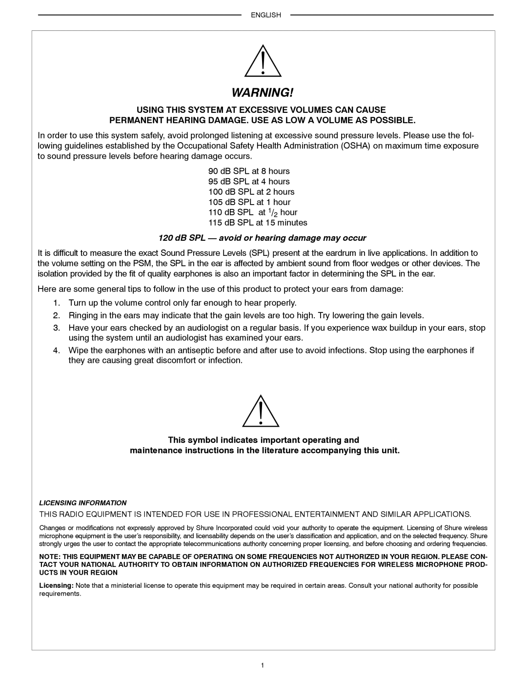 Shure PSM200 manual DB SPL avoid or hearing damage may occur 