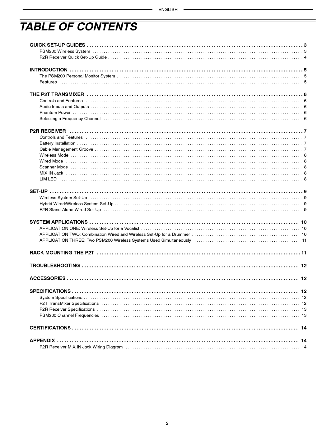 Shure PSM200 manual Table of Contents 