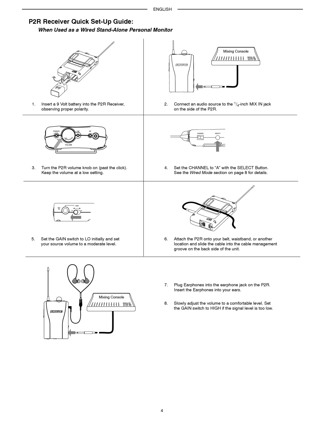 Shure PSM200 manual P2R Receiver Quick Set-Up Guide, When Used as a Wired Stand-Alone Personal Monitor 