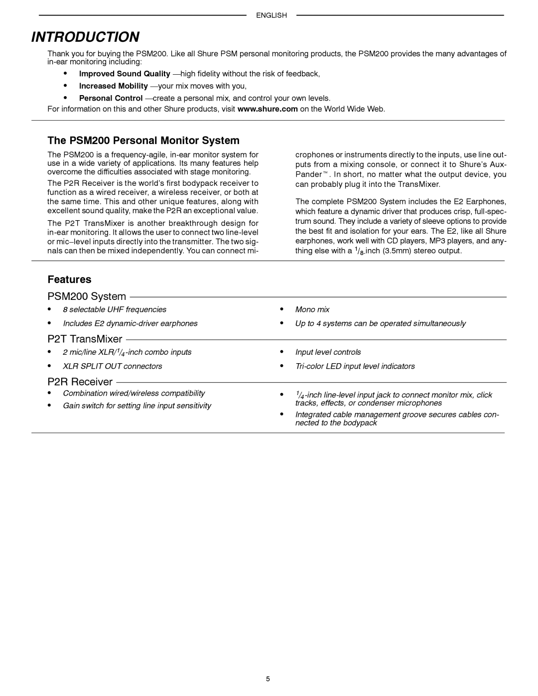 Shure manual Introduction, PSM200 Personal Monitor System, Features 