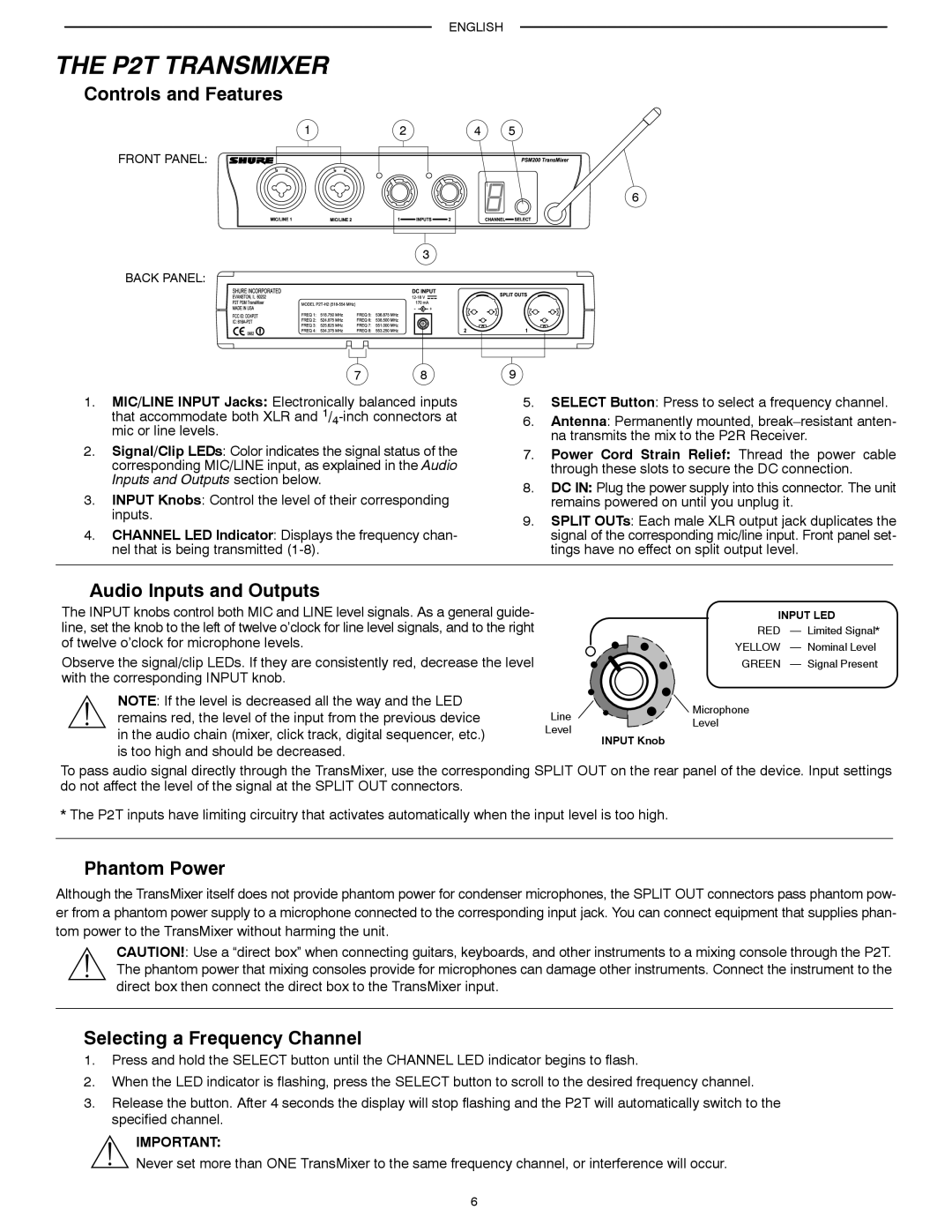 Shure PSM200 P2T Transmixer, Controls and Features, Audio Inputs and Outputs, Phantom Power, Selecting a Frequency Channel 