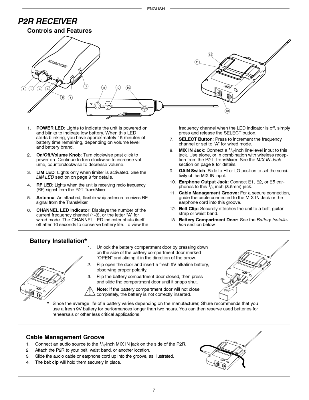 Shure PSM200 manual P2R Receiver, Battery Installation, Cable Management Groove 