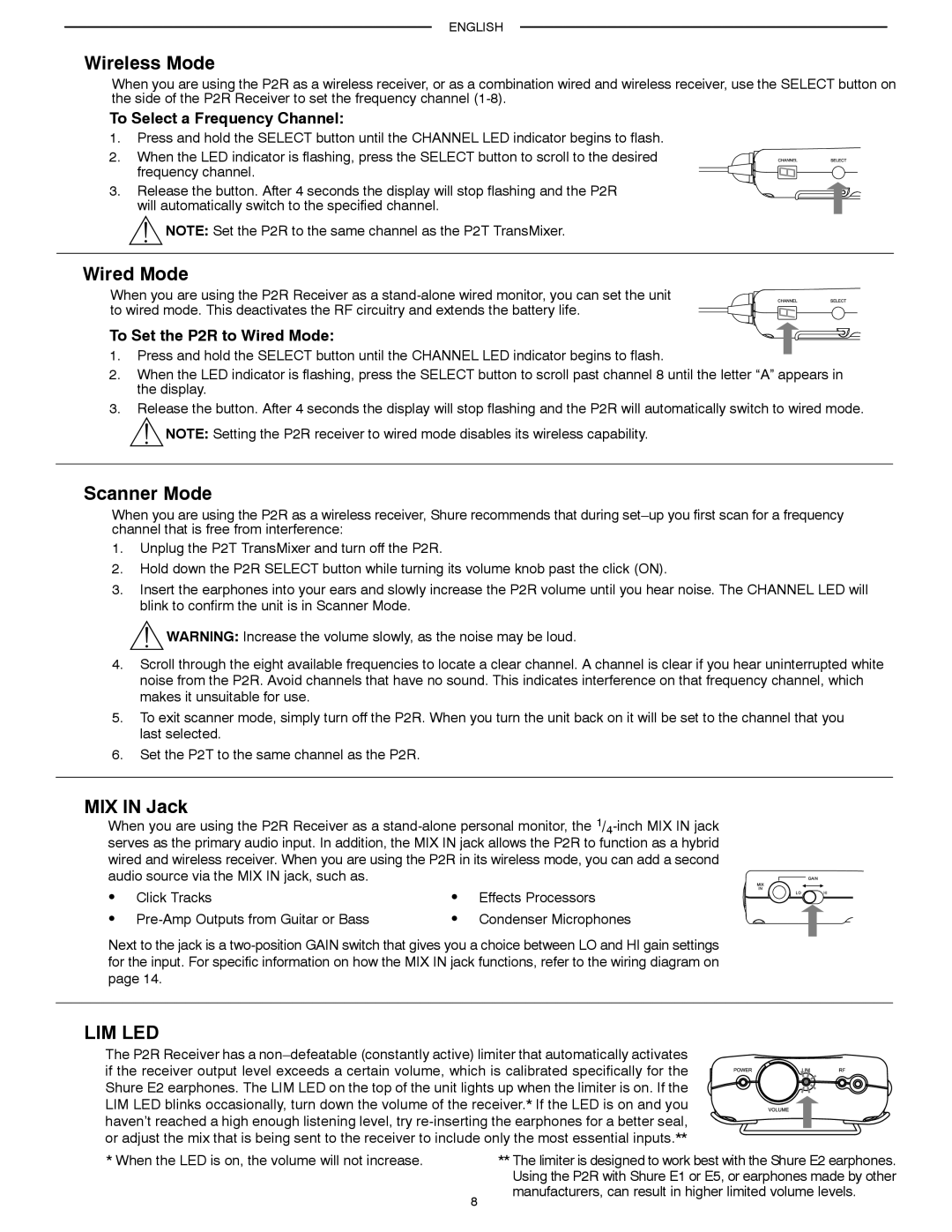 Shure PSM200 manual Wireless Mode, Wired Mode, Scanner Mode, MIX in Jack 